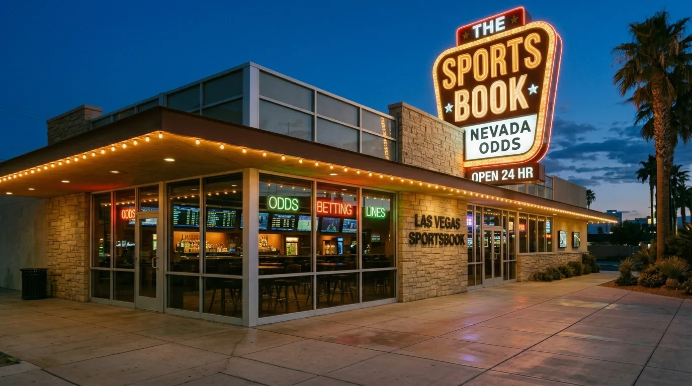 Fachada de sportsbook en Las Vegas con pantallas mostrando líneas del Super Bowl