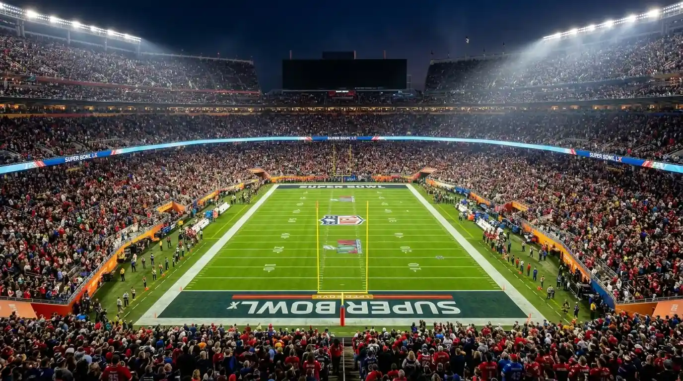 Estadio del Super Bowl LX iluminado durante la noche del partido
