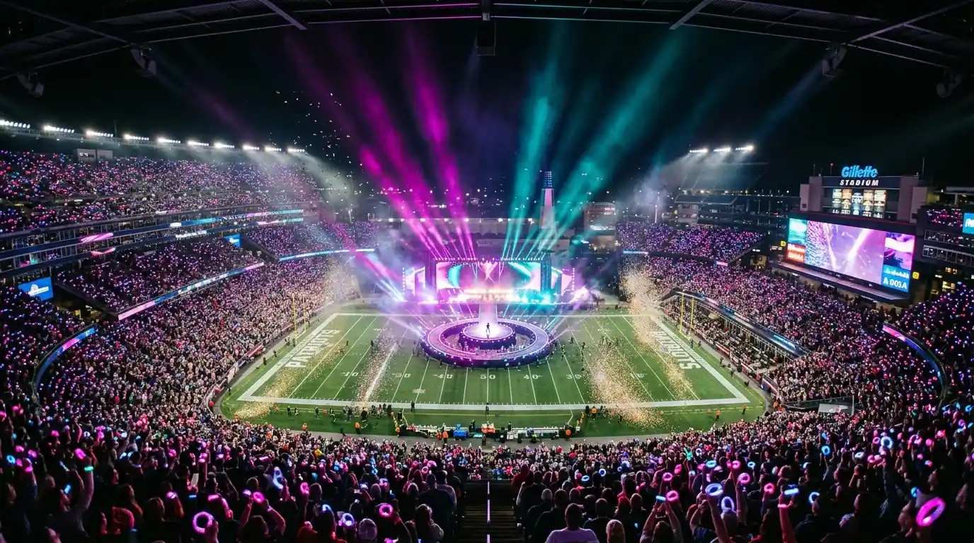 Espectáculo de medio tiempo del Super Bowl con público en el estadio